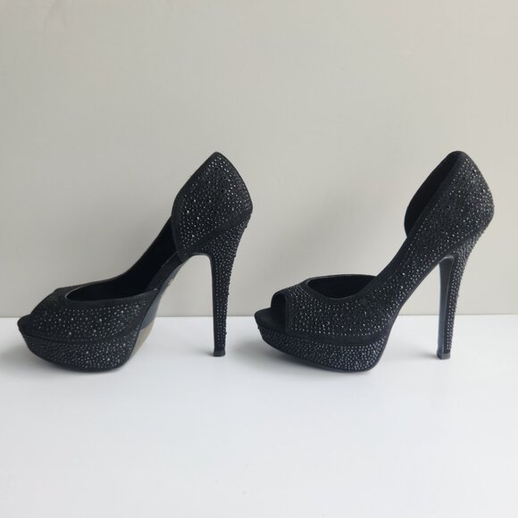 Betseyville Betty Johnson 6.5 Y2K Black w/ Gems Peep Toe Pumps Platform Stiletto - Picture 3 of 9